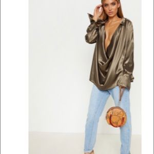 Olive colored cowl longline satin shirt UK size 10